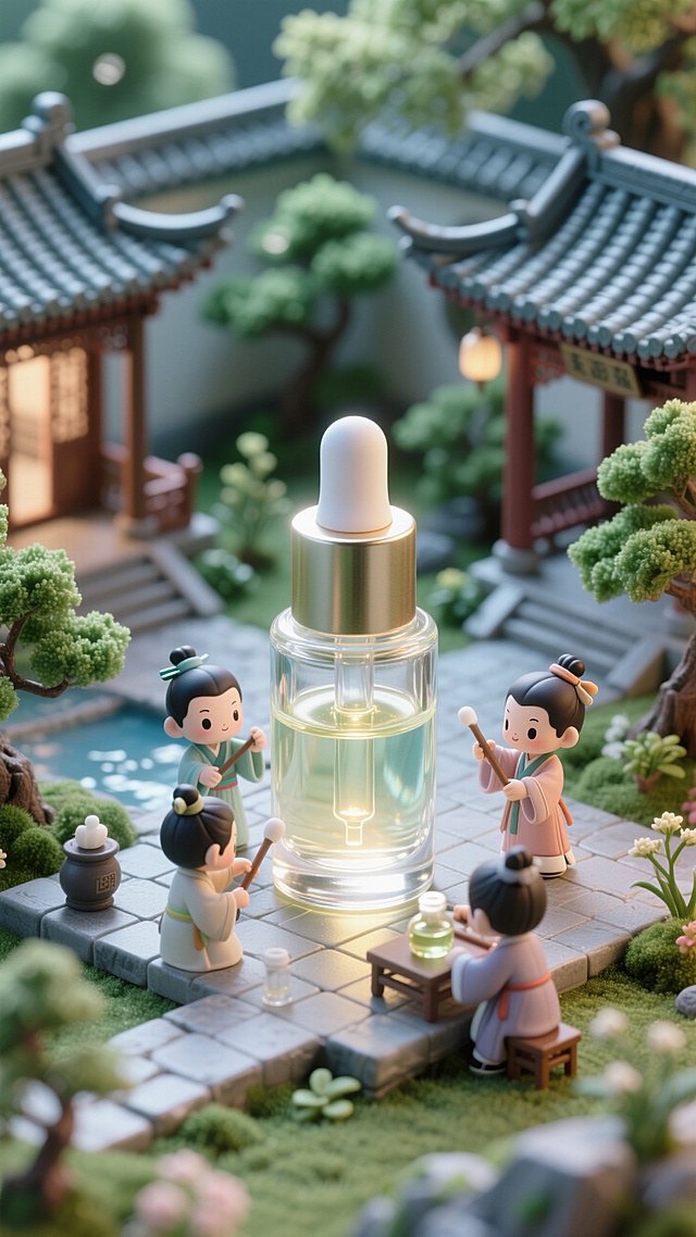 一个巨大的罐装精华液，古风小人围绕玻璃罐制作精华，背景古风庭院