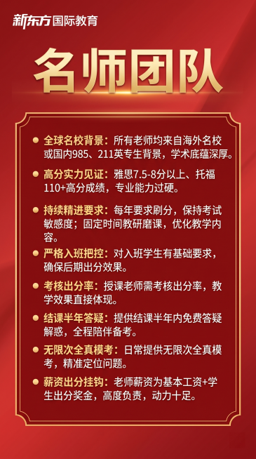 新东方教师团队展示海报，整体风格延续参考图的红金配色，红色渐变背景搭配金色大字标题。顶部有"新东方国际教育"logo，主标题为"名师团队"金色大字，正文展示核心优势信息：所有老师均来自海外名校或国内9预览效果