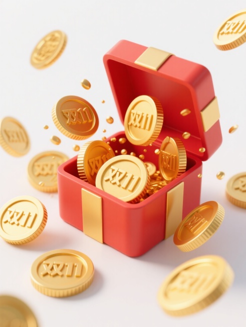 3D立体风格电商促销素材，一个红色礼盒，盒盖打开，内部及周围涌出多枚金黄色金币，金币表面带有“双11”字样，金属质感强烈，高光与阴影过渡自然，金币边缘有精致的圆形纹路，整体呈现出欢快热烈的电商促销氛围，适合作为电商平台双11活动的装饰素材，白色背景，视觉层级清晰，信息传达效率高。预览效果