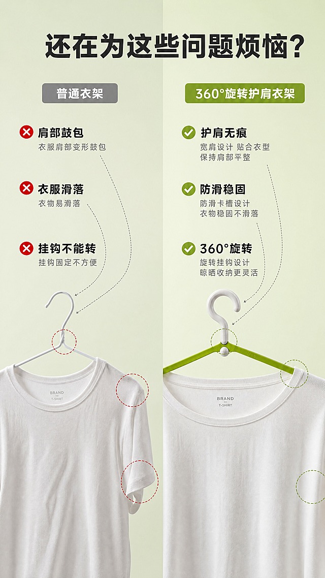[商品] 使用【图1】果绿色360°旋转护肩衣架；保留三角衣架结构、果绿色主体、白色旋转挂钩、底部防滑卡槽；真实功能方向为悬挂衣物。
[画面] 目标：痛点对比页，展示普通衣架的问题与本品的解决效果。构图：左右分栏对比，左半侧痛点，右半侧解决后。主体位置：左右各一组衣架+衣物。景别：中景。阅读动线：从左到右，再从上到下。前中后景：前景衣物细节，中景衣架，后景浅绿渐变背景。场景：左侧普通细衣架挂着有鼓包变形的T恤，右侧本品衣架挂着平整无痕的同款T恤。
[视觉] 套系策略：风格=1688工厂批发风，简洁实用商业摄影；标题字=粗黑体；正文字=常规黑体；主色=果绿色；背景延展=基于果绿色做深浅层级、同色渐变和细腻哑光质感；强调色=白色，用于小面积图标、引线和标签；标题色=深炭灰；正文色=中灰；组件=圆角信息卡、细线引线、绿色色块标题条；光影=左前侧柔和自然光。
[文字] 顶部主标题：还在为这些问题烦恼？；左侧痛点区：3个痛点（肩部鼓包、衣服滑落、挂钩不能转）配红色小图标；右侧解决区：对应3个解决效果（护肩无痕、防滑稳固、360°旋转）配绿色对勾图标；文字横向排版，不遮挡衣物主体。
[规格] 图片比例9:16竖版，4K分辨率，负向提示：避免变形、错字、文字过小、衣架颜色改变、结构失真、极限词、平台Logo。