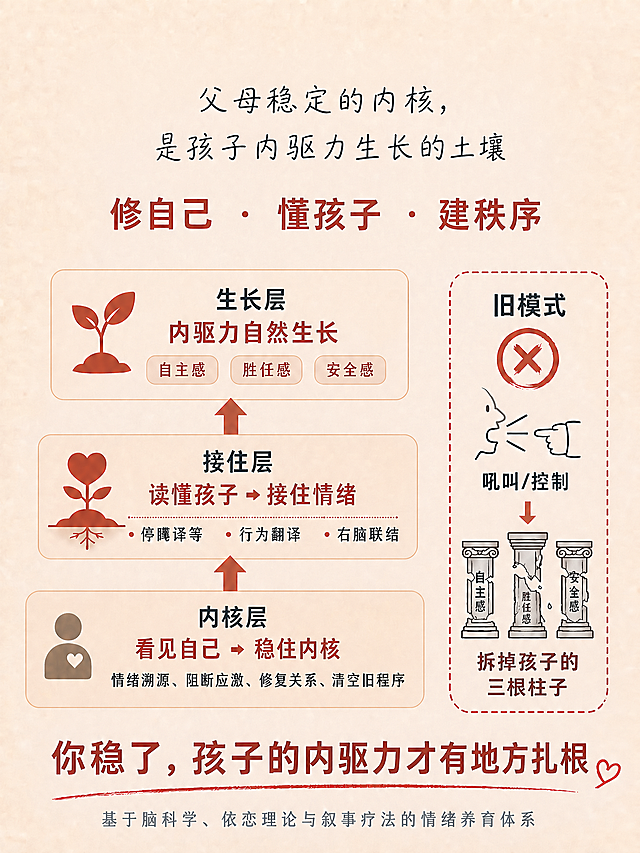 保持使用最开始的字体，将主标题「父母稳定的内核，是孩子内驱力生长的土壤」整体缩小一点，让整体排版更宽松舒适，其他内容不变