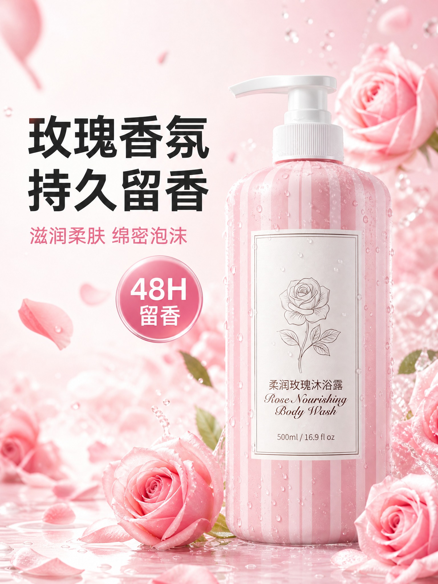 生成淘宝主图套图，3:4比例，粉白浪漫的玫瑰香氛沐浴产品广告风… - 图片创意预览