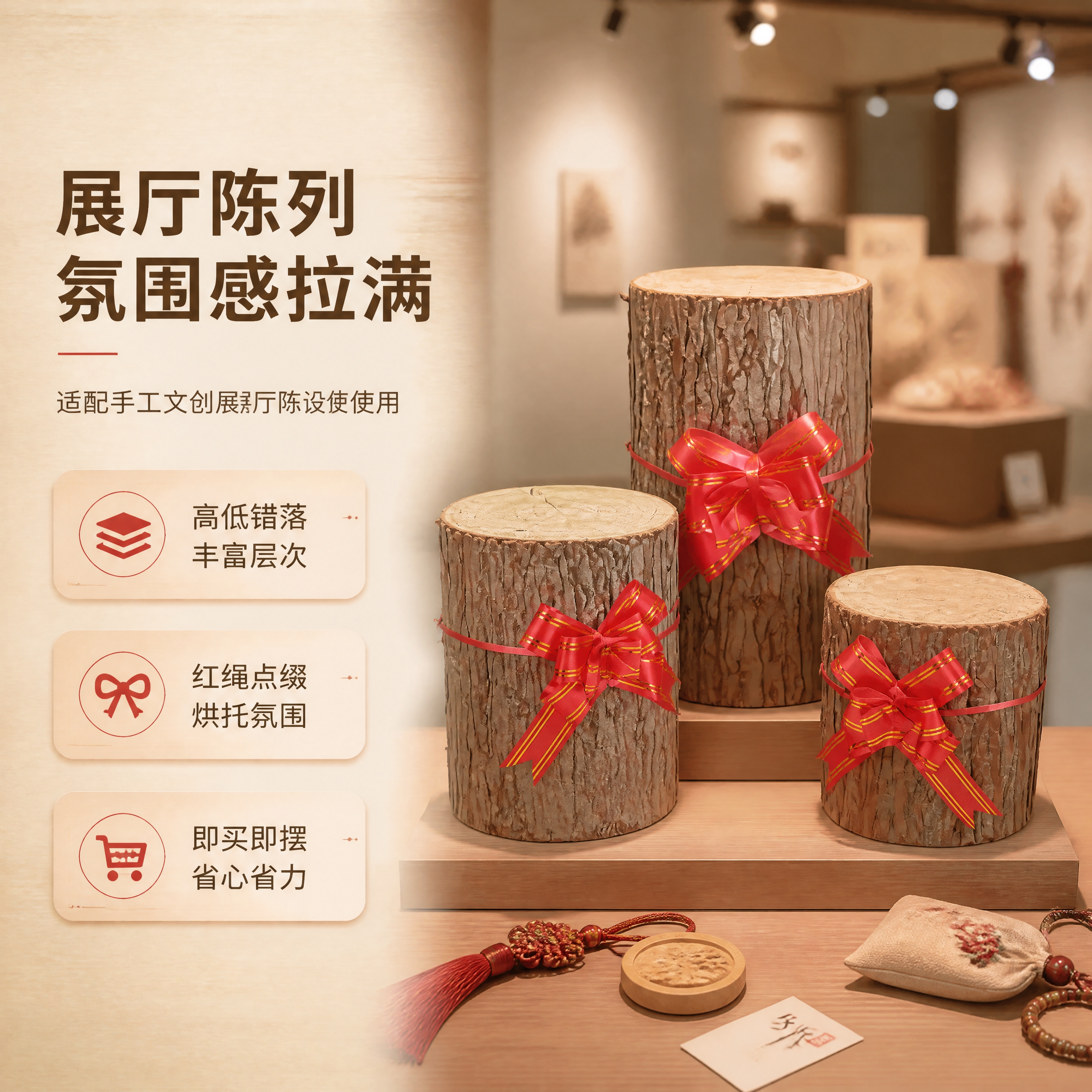 [商品] 使用【图4】三款不同高度的杉墩木段配红绳花摆件；保留… - 图片创意预览