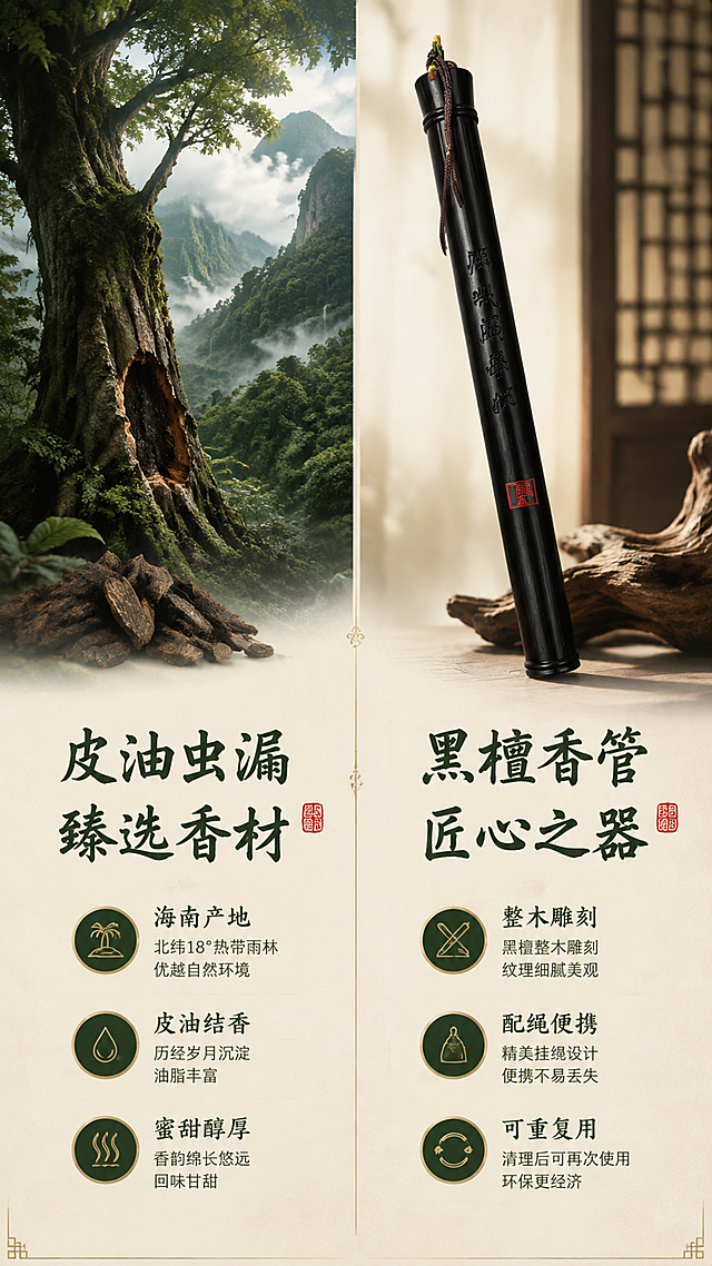 [详情页-第2张] 香材与工艺-皮油虫漏+黑檀香管。本张使用【图1】黑檀香管作为产品展示。
[氛围/风格] 国风文化感，古朴雅致，左右分栏信息图版式，商业摄影+插画结合质感。
[元素布局] 画面左右分栏。左侧：上半部分为海南沉香产地意境图（热带雨林、古老沉香树、山间云雾，深绿色调），下半部分为皮油虫漏香材介绍文字。右侧：上半部分为黑檀木香管特写（外观与输入图一致，圆柱形、挂绳、雕刻字、红色印章），下半部分为工艺介绍文字。中间用细分割线。
[光影质感] 左侧场景自然山林光线，雾气朦胧；右侧香管特写柔和侧光，木纹清晰有光泽。
[配色色系] 全局底色 #F0EBE0 浅米黄；主色深墨绿+黑檀木色；辅助色深墨色文字、朱红印章、金色点缀。
[视角构图] 左右分栏结构，左香材右香管，阅读动线从左到右、从上到下。
[文字版式] 左侧标题"皮油虫漏 臻选香材"，书法体；下方三点："海南产地"、"皮油结香"、"蜜甜醇厚"。右侧标题"黑檀香管 匠心之器"，书法体；下方三点："整木雕刻"、"配绳便携"、"可重复用"。文字清晰，排版疏朗。
[比例分辨率] 9:16竖版，4K分辨率，文字清晰可辨，高清画质。
[负向提示词] 变形，水印，文字错乱，产品模糊，缺件错件，颜色偏差，背景杂乱。