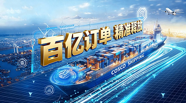 把图片中的标题“智领新航程 绿色共未来”替换成“百亿订单 精准释放”，字体效果及颜色可参考参考图二，船周边增加科技数据感光线。 去掉“战略性新兴产业人才招聘计划”小标题