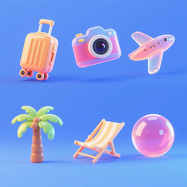 6个Q版图标（元素独立区域）：定位图标、旅行箱、相机、沙滩椅、椰子树、飞机，撞色，蓝色背景，上下两行对齐排列