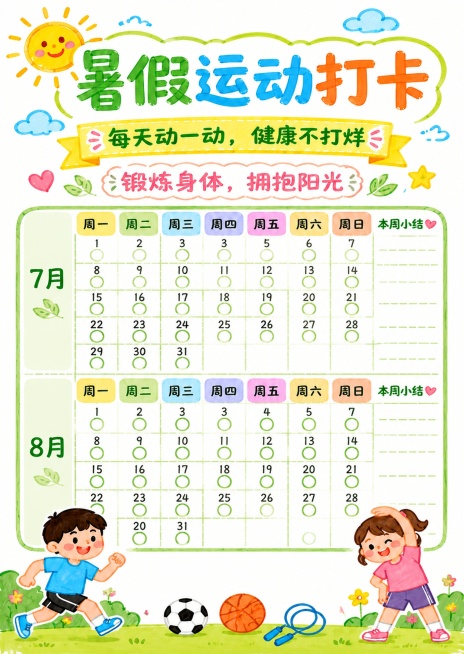 保留原设计：标题文字、简笔画马克笔风格、底部卡通运动人物装饰。将原表格改为7月和8月完整两月的打卡日历，每个日期单元格增加一个小圆圈用于打卡勾选，包含完整的1-31日和1-31日，分布整齐，所有日期文预览效果