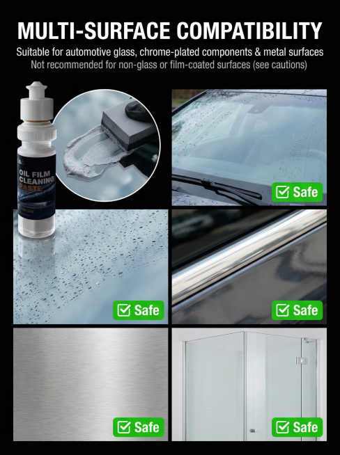 [多表面兼容主图] EAC油膜清洁膏多表面适用安全主图
[氛围风格] 清晰信息展示，专业可信，明确适用范围
[画面元素] 商业摄影质感，光线均匀，细节清晰，画面干净高级。左上角放置完整产品瓶身，搭配产预览效果