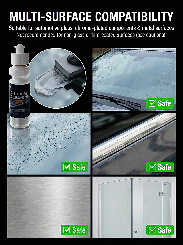 [多表面兼容主图] EAC油膜清洁膏多表面适用安全主图
[氛围风格] 清晰信息展示，专业可信，明确适用范围
[画面元素] 商业摄影质感，光线均匀，细节清晰，画面干净高级。左上角放置完整产品瓶身，搭配产品膏体涂抹特写；右侧分四块拼贴不同适用材质实拍：汽车挡风玻璃、镀铬饰条、金属表面、家用淋浴玻璃，每处材质右下角标注绿色"✅ Safe"标识；清晰展示产品对汽车和家用多场景的兼容性，信息明确
[配色色系] 黑色简约背景，保留产品深色包装主色调，绿色✅标识醒目，不同材质自然真实色彩，对比清晰
[视角构图] 3:4比例，产品和膏体特写在左上，四种材质拼贴在右下，排版整齐均衡，信息层级清晰
[文字版式] 顶部放置最大字号加粗主标题 "MULTI-SURFACE COMPATIBILITY"；主标题下方分两行放置小字补充说明：第一行 "Suitable for automotive glass, chrome-plated components & metal surfaces"，第二行 "Not recommended for non-glass or film-coated surfaces (see cautions)"；所有文字全部使用英文，清晰不遮挡材质实拍，绿色✅标识强化安全认知
[比例分辨率] 3:4比例，2k分辨率，文字清晰可辨，超高清
[负向提示词] 变形，水印，文字错乱，产品图模糊，背景杂乱，中文文字，遮挡主体，排版混乱，标识不清晰