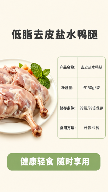[第8屏] 规格信息收尾-产品规格收尾屏。
[氛围/风格] 干净信息风，暖调浅底，信息清晰，收尾自然。
[元素布局] 画面左上放产品实物图，保持去皮鸭腿颜色和质地与参考图一致，占画面左侧35%。右侧放预览效果