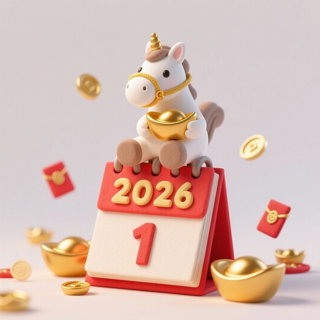 画面中心是带 “2026”字样在上方，“1”在下方，的红色台历，台历上方坐着持金元宝的白色小马，背景为纯色背景，周围环绕金元宝、小红包、装饰