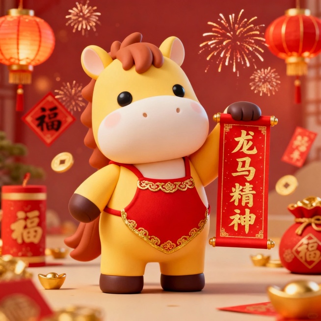 马年新年到，我想用稿定AI，生成和马年有关的新春祝福Q版3D表情包，让表情充满浓浓春节味道，需要生成6个不同的表情包，并搭配上一个祝福的成语或者俗语预览效果