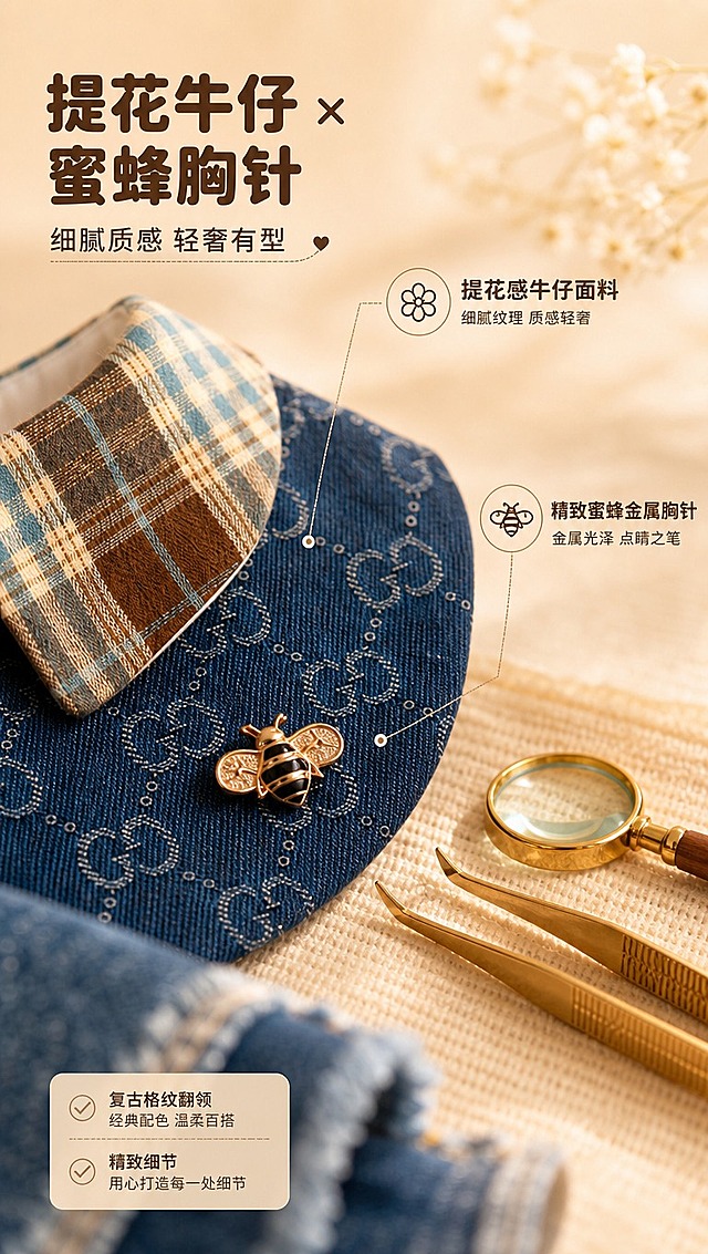 [商品] 使用【图1】NaiShu Pet 韩系轻奢牛仔宠物围兜；重点保留提花牛仔面料的暗纹图案、牛仔蓝色调、蜜蜂金属胸针的造型与金属光泽；增强牛仔提花肌理的立体感与蜜蜂胸针的金属质感，不改变面料图案与胸针造型。
[画面] 页面目标：细节质感展示，突出提花牛仔面料与蜜蜂胸针的轻奢感；构图特写围兜主体的牛仔面料区域与蜜蜂胸针，占画面65%，胸针位于视觉中心偏右下；旁边有金色小镊子、迷你放大镜等精致道具暗示品质；前景点缀虚化牛仔布料边缘，中景面料+胸针特写，后景暖米色柔焦背景；侧光突出提花凹凸肌理与金属反光。
[视觉] 套系策略：风格=韩系轻奢暖调商业摄影；标题字=圆润柔和粗黑体；正文字=简洁圆角无衬线体；主色=米杏色+牛仔蓝+棕格纹色；背景延展=基于米杏色做深浅层级、同色渐变和细腻织物/纸张质感；强调色=焦糖棕，仅用于小面积图标、引线和标签；标题色=深棕褐色；正文色=中暖灰；组件=圆角浅底信息卡、细线引线、圆形图标框；光影=左前侧暖柔光，侧光突出面料肌理与金属光泽。
[文字] 左上主标题「提花牛仔 × 蜜蜂胸针」，副标题「细腻质感 轻奢有型」；右侧2个卖点：提花感牛仔面料 / 精致蜜蜂金属胸针；用细线引线分别指向面料与胸针；文字均横向排版，不遮挡蜜蜂胸针主体；手机端清晰可读。
[规格] 图片比例9:16竖版，4K分辨率，淘宝/天猫详情页适配；避免变形、错字、文字过小、冷蓝/冷灰背景、商品颜色改变、版型失真、极限词。