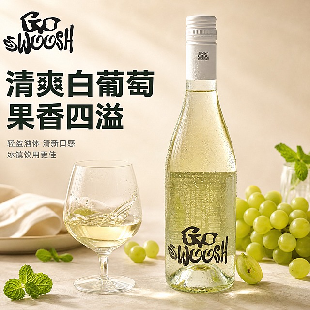 [主图-1] Go Swoosh白葡萄酒首图，突出酒体通透清亮与品牌潮流质感，传递清爽果香与年轻酒饮的吸引力。
[统一基调] 国内电商食品酒类风格，高清商业摄影质感，自然暖调光影，画面干净有品质感，文字简洁有力，不遮挡产品主体。
[画面] 产品瓶身居中偏右，占画面约65%，瓶身完整不切割，保持原图透明玻璃瓶、白色螺旋盖、黑色手写体"Go Swoosh"logo、淡黄绿色酒体的外观特征。瓶身周围点缀新鲜青提、白葡萄切片与薄荷叶，背景为浅米色简约餐桌场景，有柔和自然光从左侧洒入，瓶身有细腻的冷凝水珠效果，体现冰镇清爽感。左下角放置一只盛有白葡萄酒的高脚杯，杯中酒液与瓶身颜色一致，有轻微酒液流动动态。
[光影质感] 自然暖阳侧逆光，突出玻璃材质通透感与酒液的淡黄金色光泽，瓶底有柔和接触阴影，整体光影柔和不生硬，商业摄影级高清质感。
[配色] 主色调：淡米白背景、淡黄绿色酒体、黑色品牌字；点缀色：青提绿色、薄荷叶翠绿；文字色：深墨绿主标题、浅灰辅助文。
[文字版式] 左上角放置品牌同款手写体"Go Swoosh"logo。左侧中部主标题："清爽白葡萄 果香四溢"，粗黑体大字，深墨绿色。主标题下方小字两行："轻盈酒体 清新口感""冰镇饮用更佳"，细黑体，浅灰色，字号约为主标题的40%。文字均放在左侧负空间，不遮挡瓶身主体。
[输出要求] 比例1:1，2K高清，产品清晰不变形，文字清晰可读，画面干净有食欲感。禁止出现：正品保证、破碎包赔、绝对化用词、饮酒动作、人物面部、平台logo、水印、模糊、变形、错字。