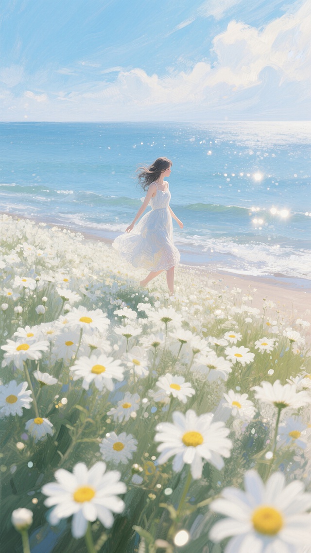 白色菊花花海，蓝天白云，一望无际的海，一个女生在海边漫步