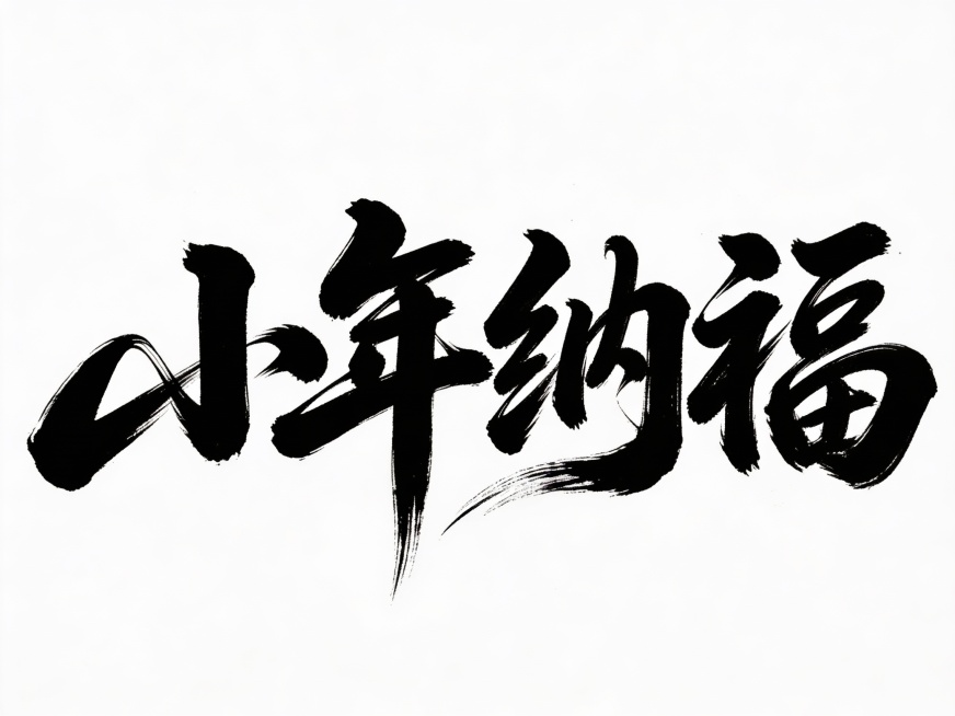 书法字体海报“小年纳福”。草书字体狂野奔放，视觉张力富有动感，超粗笔画流畅飘逸，笔画巧妙延长变形，飞白效果，笔画流畅潇洒，干净背景，大师海报作品，电影海报，预览效果