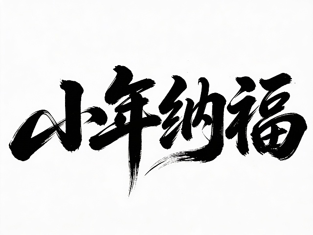 书法字体海报“小年纳福”。草书字体狂野奔放，视觉张力富有动感，超粗笔画流畅飘逸，笔画巧妙延长变形，飞白效果，笔画流畅潇洒，干净背景，大师海报作品，电影海报，