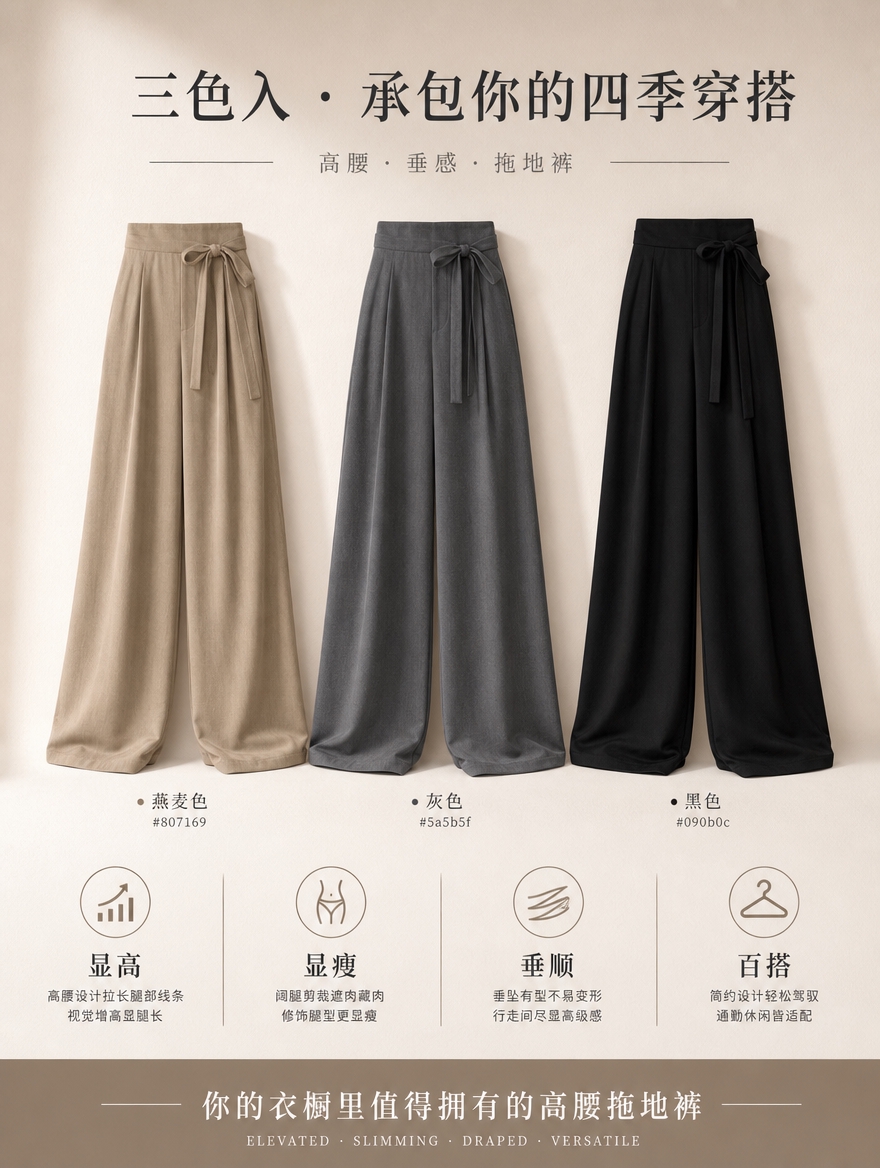 [商品] 三色高腰拖地裤同框展示——燕麦色(#807169)、… - 图片创意预览