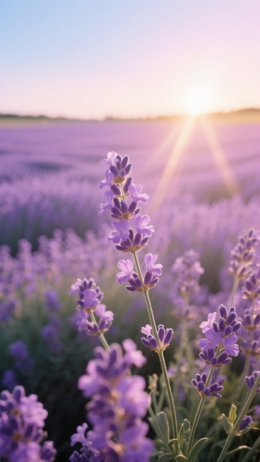 一片广阔的薰衣草花田，前景是形态饱满、细节清晰的紫色薰衣草花朵，细长的花茎支撑着层层叠叠的花瓣，花瓣边缘略带柔和的高光。阳光从画面上方斜射下来，形成温暖的金色光晕，给薰衣草花朵镀上一层朦胧的粉紫色柔光，背景是逐渐虚化的紫色花海，延伸至远方的地平线，天空呈现出淡蓝色与粉紫色渐变的柔和色调，整体画面营造出宁静、浪漫、梦幻的氛围，光影柔和，色彩和谐统一，具有高度的写实感和细腻的质感表现。预览效果