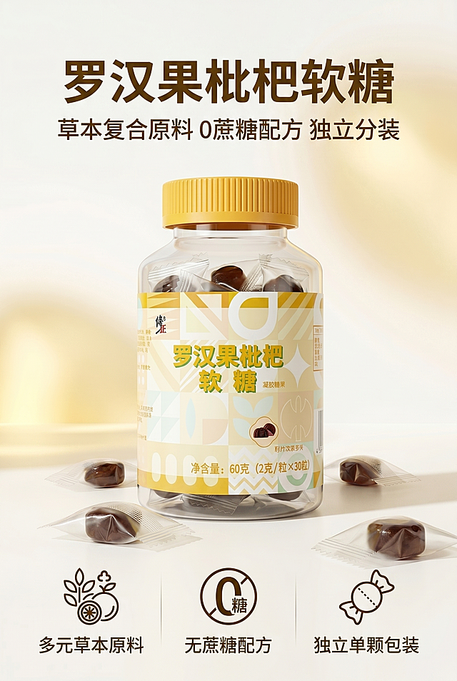 基于上传产品参考图生成2:3竖版8K高清超写实电商详情页，暖黄清新治愈风格，杂志精致排版，柔和自然光，简约高级画面；严格还原上传的修正罗汉果枇杷软糖产品图，包括包装设计、颜色、LOGO位置、文字内容、图案元素等所有细节，产品外观必须与参考图完全一致，不得改变包装设计、配色方案或品牌元素，保持产品的真实材质质感（透明瓶身高光通透、软糖凝胶高光质感）；整体浅暖黄渐变背景，干净简约；顶部大号主标题“罗汉果枇杷软糖”，副标题“草本复合原料 0蔗糖配方 独立分装”；画面居中摆放完整产品瓶装主体，搭配散落软糖点缀；底部三栏简约图标+纯客观文案：“多元草本原料”“无蔗糖配方”“独立单颗包装”；构图层次分明，色彩柔和统一，元素干净留白，只展示产品基础属性与外观卖点，无任何功效文字与暗示。负面提示词：禁止模糊低清、禁止产品变形、禁止包装色差、禁止LOGO错位、禁止画面杂乱、禁止排版混乱、禁止字体杂乱、禁止添加英文、禁止出现润喉/护嗓等功效词汇、禁止多余装饰元素、禁止比例失调、禁止光影杂乱、禁止质感失真