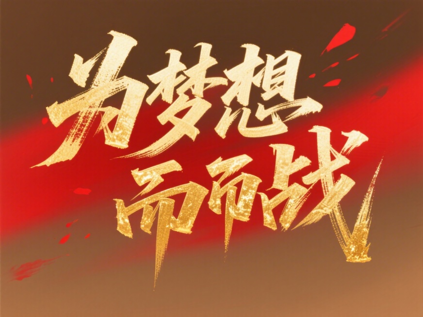 笔势硬朗的金色秀丽体“为梦想而战”，红棕色渐变背景，红金预览效果