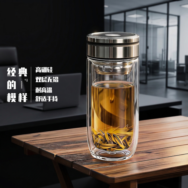 保持玻璃杯整体结构、杯内茶叶形态完全不变，更换为黑色商务主题背景，强化玻璃杯整体透明效果，透过玻璃和茶水可清晰看到后方场景，将左侧文字大小增加两号并保持清晰，大师级灯光效果，玻璃杯崭新无瑕疵，质感高级预览效果