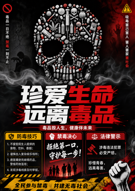 珍爱生命远离毒品主题海报，尺寸为A3竖版，中心位置用多种毒品药品拼成一个醒目的骷髅头形状，骷髅头下方有淡淡白烟飘过，海报内容紧扣主题突出毒品危害，带有防毒技巧、禁毒决心和法律警示文字，字体清晰，字体风预览效果