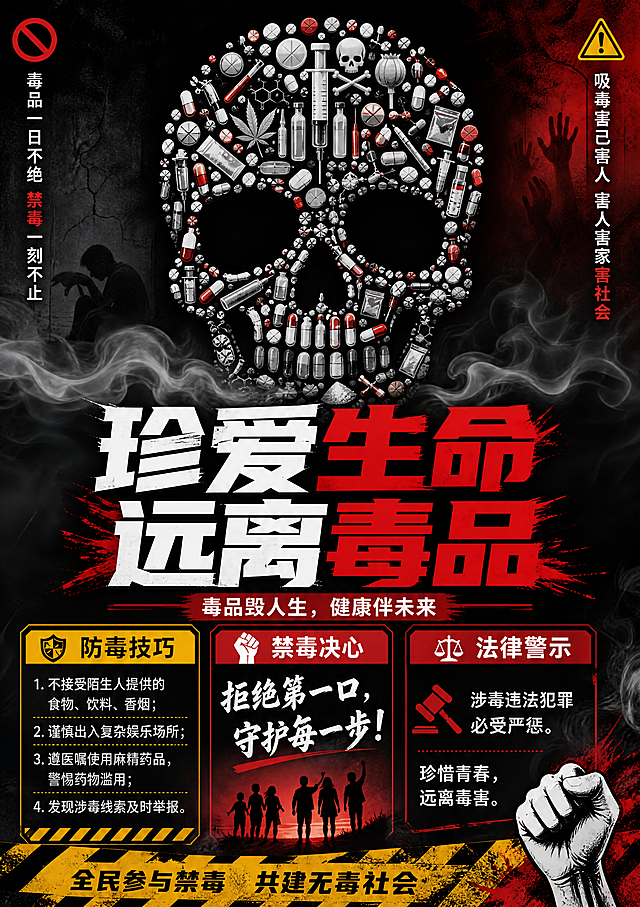 珍爱生命远离毒品主题海报，尺寸为A3竖版，中心位置用多种毒品药品拼成一个醒目的骷髅头形状，骷髅头下方有淡淡白烟飘过，海报内容紧扣主题突出毒品危害，带有防毒技巧、禁毒决心和法律警示文字，字体清晰，字体风格张扬，整体海报版面整洁，主题鲜明，创意突出，无版权内容