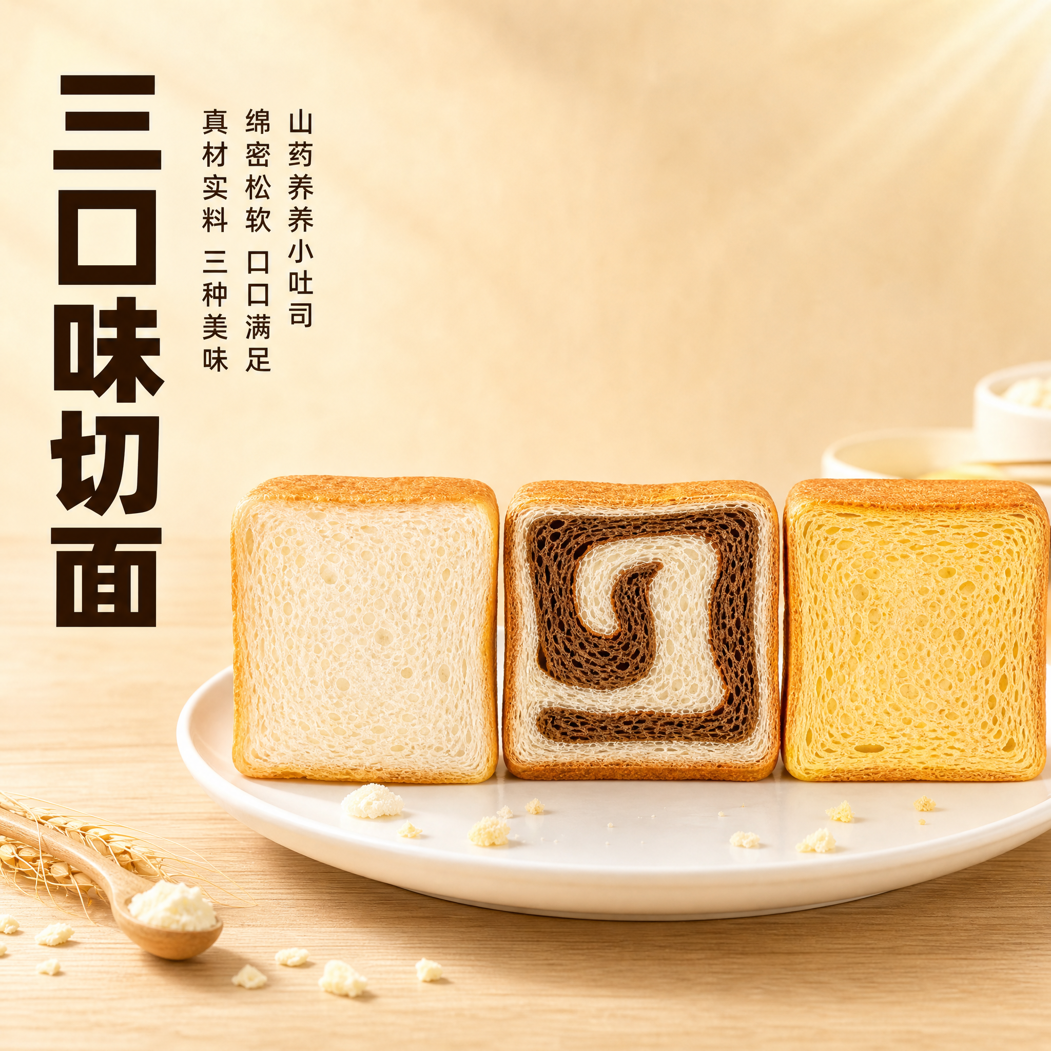 [主图-2] 三口味吐司切面特写，突出松软绵密的内部肌理，参考… - 图片创意预览