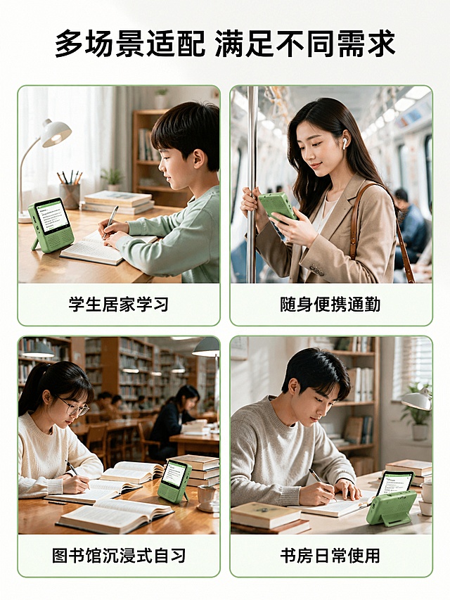 [第7屏] 目标人群适配，展示不同人群使用场景。
[氛围/风格] 生活化场景展示，亲切自然，清晰匹配。
[元素布局] 四分格卡片布局，每个格子对应一类目标人群，配简单场景示意图和文字说明，顶部放主标题。四个场景分别是学生居家学习、通勤路上随身学、图书馆自习、书房日常使用。
[光影质感] 每个场景光线自然真实，卡片区分清晰，整体干净明亮。
[配色色系] 浅白色底色，每个卡片浅绿边框，黑色文字，保持整体配色统一。
[视角构图] 四宫格均匀排版，从上到下从左到右阅读顺序。
[文字版式] 顶部标题「多场景适配 满足不同需求」，四个场景分别配文字："学生居家学习"、"随身便携通勤"、"图书馆沉浸式自习"、"书房日常使用"，每个文字在卡片底部，清晰可读。
[比例分辨率] 3:4 竖版比例，4K分辨率，文字清晰可辨，高清画质。
[负向提示词] 场景模糊，文字错乱，文字过小，构图拥挤