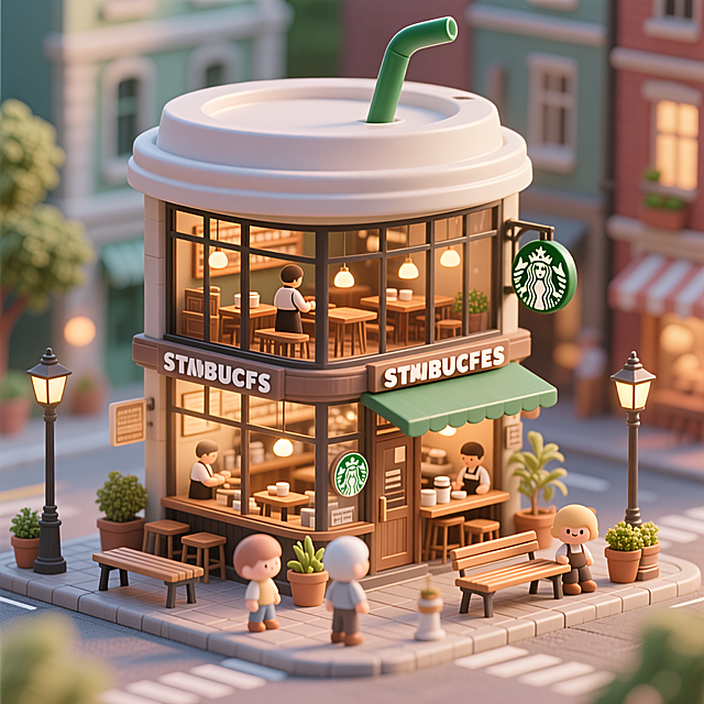 3D Q版迷你风格，一个充满奇趣的迷你星巴克咖啡馆，外观就像一个巨大的外带咖啡杯，还有盖子和吸管。建筑共两层，大大的玻璃窗清晰地展示出内部温馨而精致的设计：木质的家具、温暖的灯光以及忙碌的咖啡师们。街道上有可爱的小人偶漫步或坐着，四周布置着长凳、街灯和植物盆栽，营造出迷人的城市一角。整体采用城市微缩景观风格，细节丰富、逼真，画面光线柔和、呈现出午后的惬意感受。