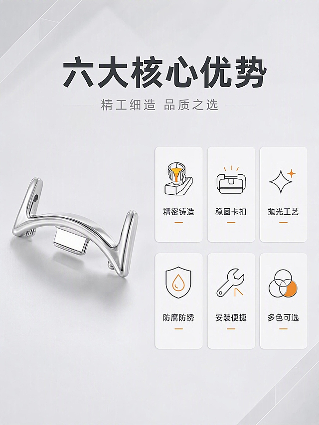 [第2张] 核心卖点总览页-金属表带连接器6大优势icon卡片展示。本张使用【图3】月光银款作为产品主体展示。
[氛围/风格] 简洁专业工业风，浅灰色背景，干净清爽，信息层级清晰，商业摄影质感。
[元素布局] 画面左侧放大展示银色表带连接器主体，占比约40%，45度视角。右侧为6个卖点icon卡片，分2排3列排列。每个卡片包含一个简约线条图标和4字卖点文字。背景为浅灰色渐变，有细微的几何线条装饰。产品结构、颜色、材质与输入图一致。
[光影质感] 柔和顶光+侧光，金属表面反光均匀干净，边缘锐利，体现精密五金的做工品质。
[配色色系] 全局底色 #F5F5F5 浅灰；主色深灰文字；辅助色橙色图标点缀；银色金属主体。
[视角构图] 正面微侧视角，左右分栏构图：左产品右信息，阅读动线从左到右。
[文字版式] 顶部主标题「六大核心优势」，深灰粗体大字；副标题「精工细造 品质之选」，浅灰小字。右侧6个卖点卡片：「精密铸造」「稳固卡扣」「抛光工艺」「防腐防锈」「安装便捷」「多色可选」。每个卡片图标在上，文字在下，整齐排列。
[比例分辨率] 3:4 竖版比例，4K 分辨率，文字清晰可辨，高清画质。
[负向提示词] 产品变形，结构错误，文字过小，水印，文字错乱，颜色偏差，背景杂乱。
