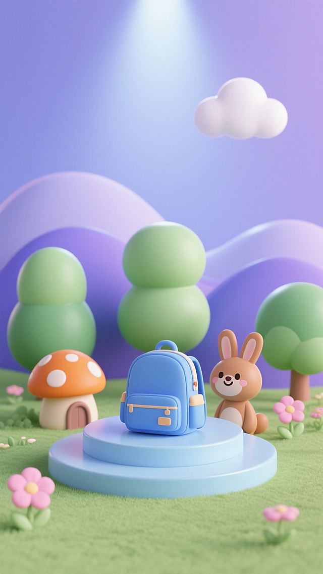 3D渲染的卡通风格儿童场景，整体色调为宁静的蓝紫色调，柔和的漫射光源从上方照射，营造温馨梦幻氛围。画面中央是一个圆形浅蓝色展台，展台上面有蓝色的书包，周围环绕着造型圆润的绿色树木、橙色蘑菇屋、粉色小花和一只微笑的棕色卡通兔子。背景是起伏的蓝紫色山丘和一朵白色云朵，所有元素边缘光滑，带有轻微的渐变和反光质感，构图采用中心对称布局，视觉焦点集中在展台，整体呈现出可爱、治愈的儿童插画风格