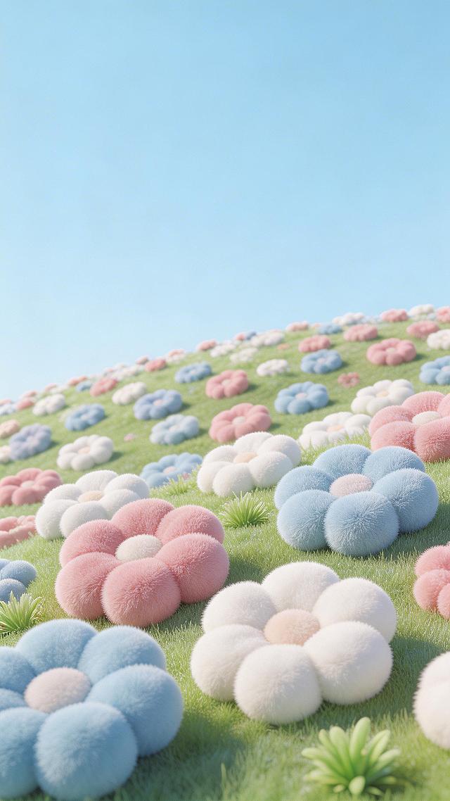 软3D风毛绒花朵铺满绿野，柔和色彩营造甜美可爱氛围，虚拟自然中的清新与舒适感扑面而来，春日治愈系视觉。