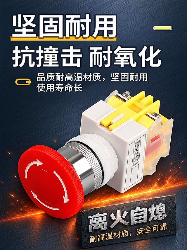 不要重新生成产品，红色蘑菇头按钮保持原样。中间红色蘑菇头急停按钮外形、金属帽、黄色底座、斜放角度完全不动。

重点：产品白色标签上这两行必须彻底擦除补成白色：1.黑色大写字母CHKL；2.竖排的浙江凯蓝电气科技有限公司。擦除后标签上只保留这些内容位置不变：按钮开关、Y090、Ith:10A、LAY37、Ui:500V、CCC标志；保留的字不重排不改字体不改位置。

必须保留的文字一个字不能少：大标题坚固耐用/抗撞击 耐氧化；副标题两行品质耐高温材质，坚固耐用/使用寿命长；底部大字离火自熄；小字耐高温材质，安全可靠。

排版：产品位置、标题位置可以自由调整，但产品形状和所有文字内容不能改。

背景：深海军蓝灰色金属拉丝质感，产品底部火焰效果保留，橙色光带统一；不要黑色碎石地面。

竖版750px宽。