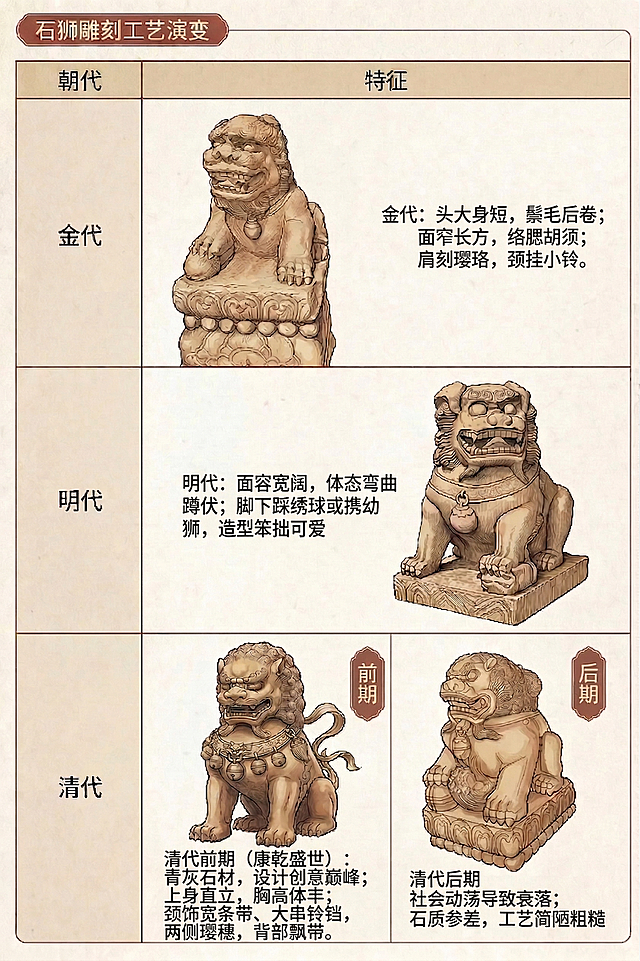 一张关于石狮雕刻工艺演变的信息图，标题为“石狮雕刻工艺演变”，分为金代、明代、清代三个朝代，金代特征文字为：“金代 ：头大身短，鬃毛后卷；面窄长方，络腮胡须；肩刻璎珞，颈挂小铃。”；明代特征文字为：“明代 ：面容宽阔，体态弯曲蹲伏；脚下踩绣球或携幼狮，造型笨拙可爱”；清代前期特征文字为：“清代前期（康乾盛世）： 青灰石材，设计创意巅峰；上身直立，胸高体丰；颈饰宽条带、大串铃铛，两侧璎穗，背部飘带。”；清代后期特征文字为：“清代后期 社会动荡导致衰落；石质参差，工艺简陋粗糙。”。整体风格为复古米色中式，保留对应石狮示意图，排版清晰。