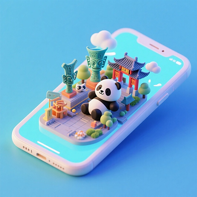 软3D风格的微缩艺术场景，萌趣熊猫与传统元素融合，清新梦幻，充满可爱感与卡通感，呈现节日氛围。