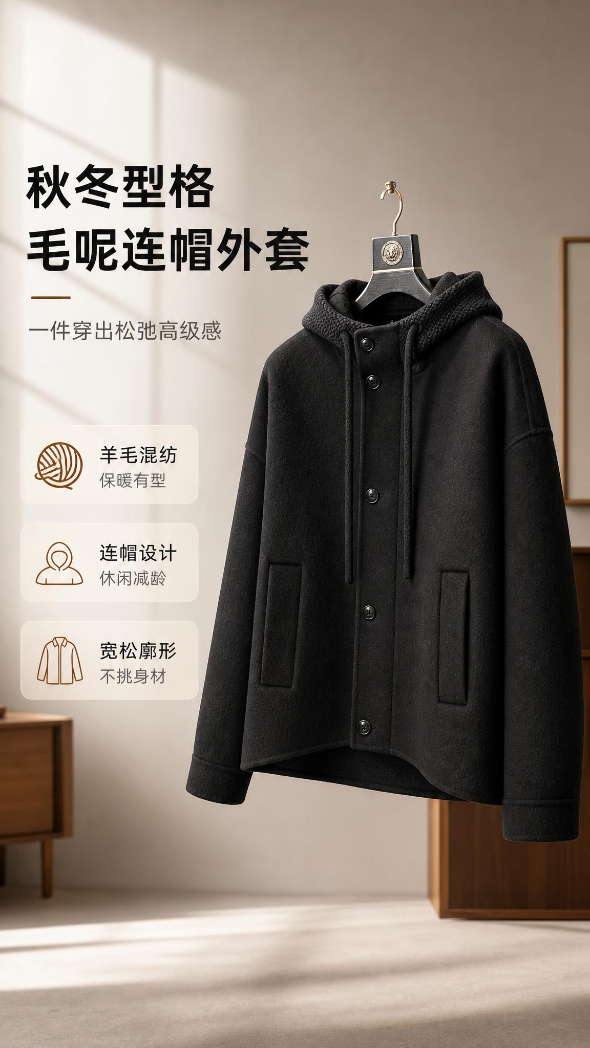 [商品] 使用【图1】男士黑色连帽短款毛呢大衣；商品处理：保留… - 图片创意预览