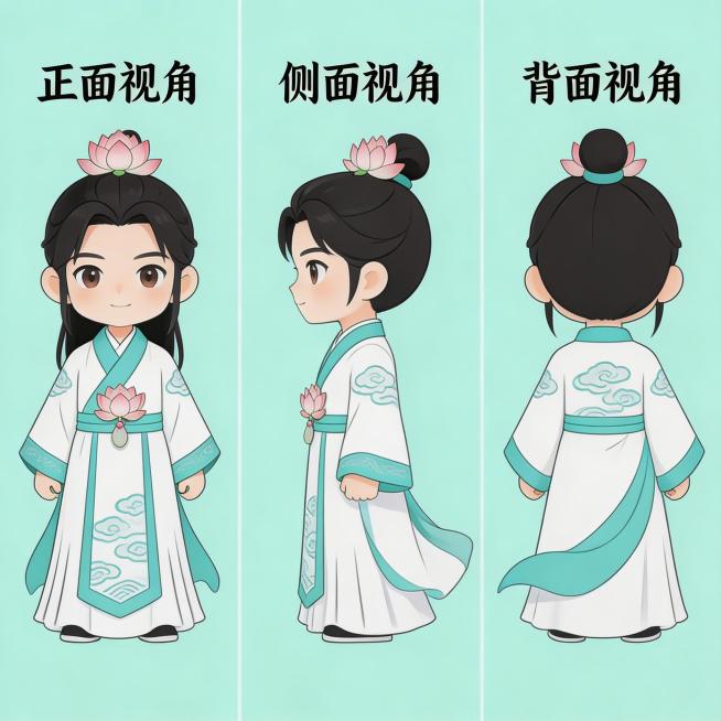 卡通国风少年IP形象，少年穿着楚风直裾，佩戴莲花配饰，温润清秀，带有国风纹样，飘逸裙摆，同时展示正面视角、侧面视角、背面视角三个视角，纯色背景，主色调为清水青、皓月白、初荷粉，卡通风格，可爱国风设计预览效果