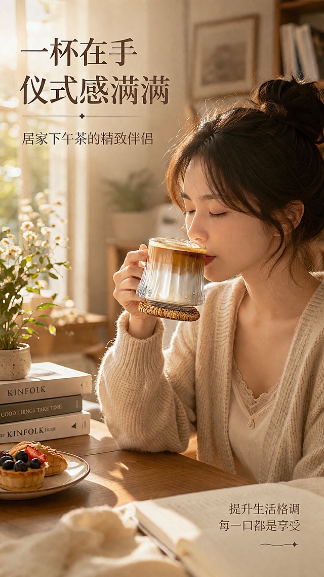 [第7屏] 人物使用场景-居家下午茶手持饮用。本屏使用【图1】作为产品外观参考，生成人物手持杯子的场景。
[氛围/风格] 温馨居家生活方式风，慵懒下午茶氛围，温暖治愈，提升产品情感价值。
[元素布局] 画面右侧为一位年轻女性（亚洲面孔，休闲家居服）的半身像，手持竖纹富士山款玻璃杯（装拿铁咖啡），正在饮用，杯身清晰可见；左侧为居家书桌/窗边场景，有书籍、小盆栽、甜点盘；背景虚化，突出人物与杯子互动。
[光影质感] 午后暖金色自然光从左侧窗户射入，人物发丝与杯身有漂亮金边，整体柔和温暖，皮肤质感自然。
[配色色系] 全局底色暖杏色#F5E6D3渐变；主色暖金阳光+肤色；辅助色咖啡棕、绿植绿、书籍暖色调。
[视角构图] 人物居右，场景居左，中景半身构图，阅读动线从人物脸部→手中杯子→周围环境。
[文字版式] 左上角标题区：主标题「一杯在手 仪式感满满」，副标题「居家下午茶的精致伴侣」；右下角小字标注「提升生活格调 每一口都是享受」；文字使用优雅宋体，不遮挡人物与杯身。
[比例分辨率] 9:16竖版比例，4K分辨率，文字清晰可辨，高清画质。
[负向提示词] 人物变形，杯身变形，面部不自然，水印，文字错乱，光线过曝。