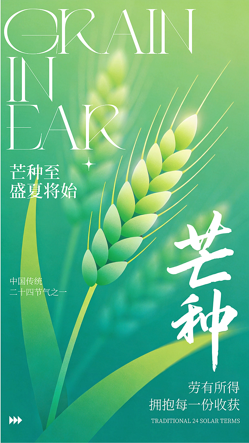芒种节气祝福绿色清新插画风通用竖版海报