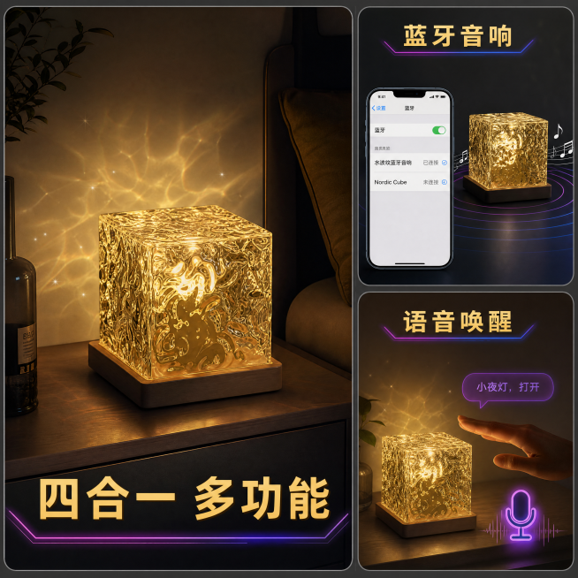 [主图-3] 四合一功能卖点拼图展示，北欧赛博风格。[氛围风格] 功能清晰展示，保持整体风格统一，科技感高级。[画质] 商业摄影，每张拼图细节清晰，整体光影统一，超高清。[元素] 采用左大右双小的拼图预览效果