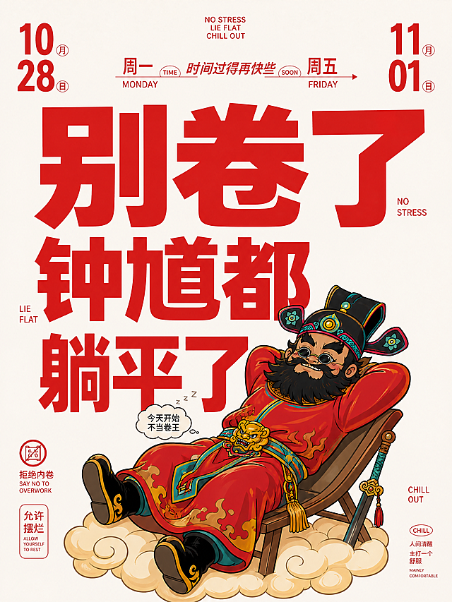 参考图1的排版风格，红色大字文案，模仿'不想上班我想躺平'的排版，将文案改为"别卷了，钟馗都躺平了"，人物替换为图2的国潮钟馗形象，让钟馗摆出躺平放松的姿势，整体风格年轻搞怪，拒绝焦虑主题，浅色背景，红色醒目大字突出文案