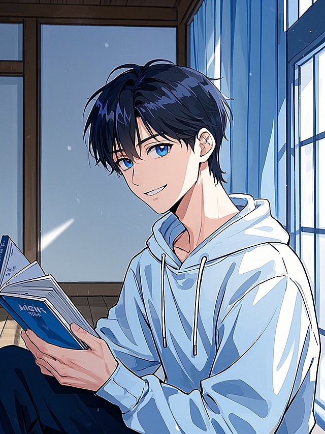 动漫，复古漫画，黑色的眼睛的男生，穿着浅色卫衣，温柔穿搭，整体日系居家风格，平涂画法，白和蓝色调