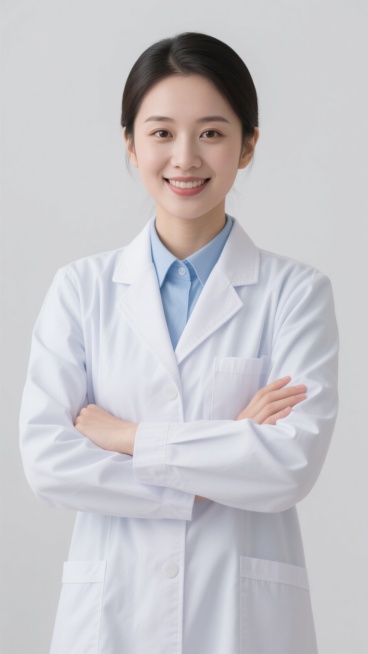 一位亚洲女性医生的证件照，她穿着洁白挺括的医生白大褂，内搭浅蓝色衬衫，双臂自然交叉于胸前。她的头发梳理得整洁利落，露出光洁的额头和温和的面容，嘴角带着亲切自然的微笑，眼神明亮有神，充满专业与亲和力。背景为纯白色，光线均匀柔和，突出人物主体，整体画面简洁干净、专业正式，符合证件照的规范和职业形象。预览效果