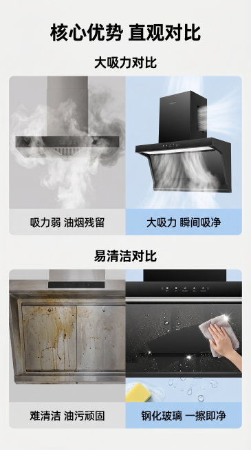 [主图 4]顶侧双吸油烟机吸力与清洁效果对比展示。[氛围风格]清晰直观，说服力强。[画质]商业摄影质感，对比清晰，画面干净高级。[画质]超高清，产品清晰真实。[元素]页面采用上下对比布局，上半部分展示预览效果