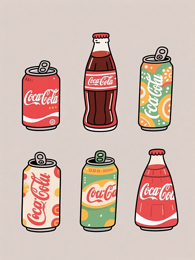 手绘风格的可乐素材集合，六个不同造型、形状和样式的可乐元素规整排布在纯色背景上，整体色彩进行变换，保持手绘的线条质感和简洁的卡通风格，每个可乐元素都有独特的设计，包括不同的罐体形状、装饰图案和细节处理，色彩明快活泼，具有统一的视觉风格和协调的色彩搭配，适合作为设计素材使用。