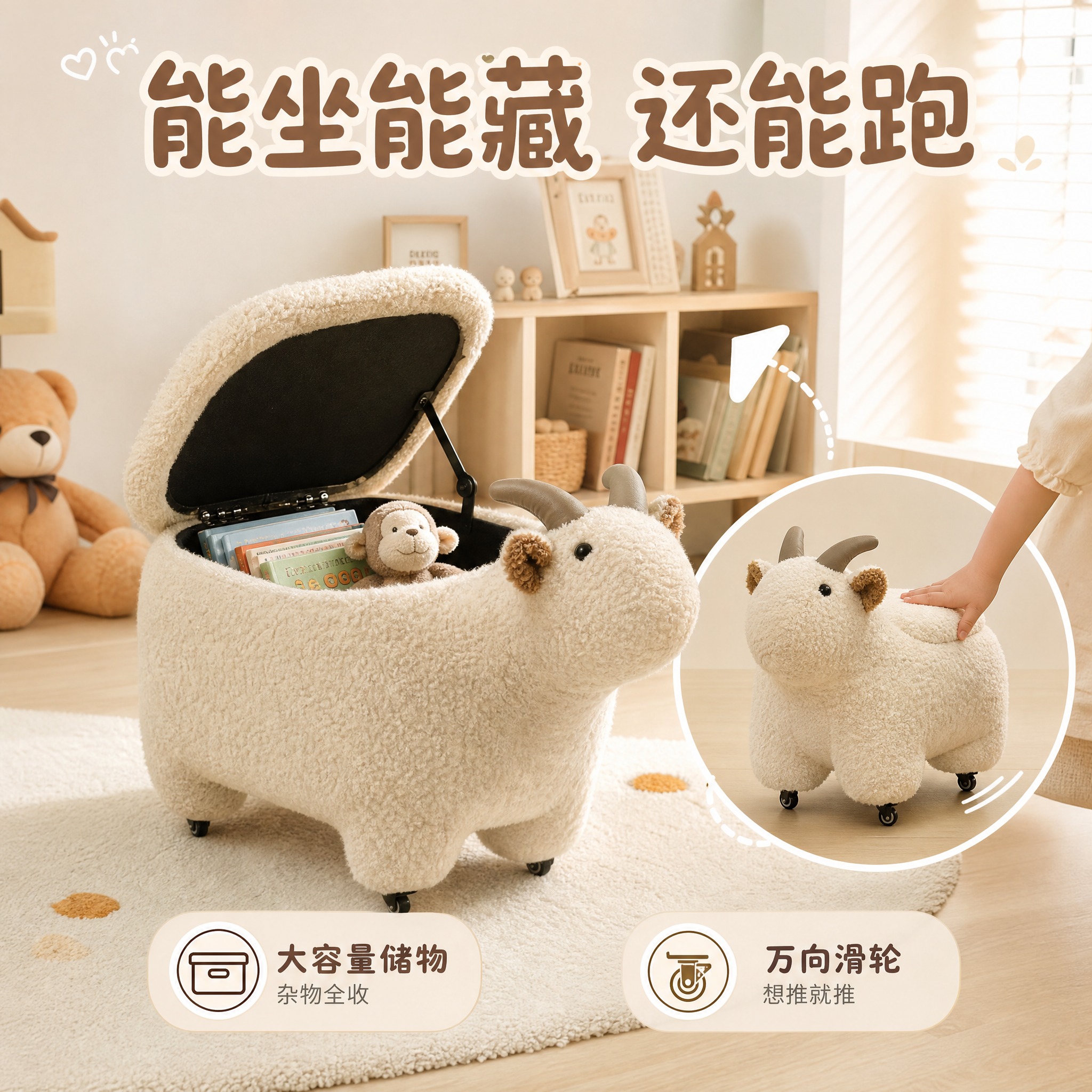 [主图-3] 功能展示图，重点展示储物功能与带滑轮移动的便利性… - 图片创意预览