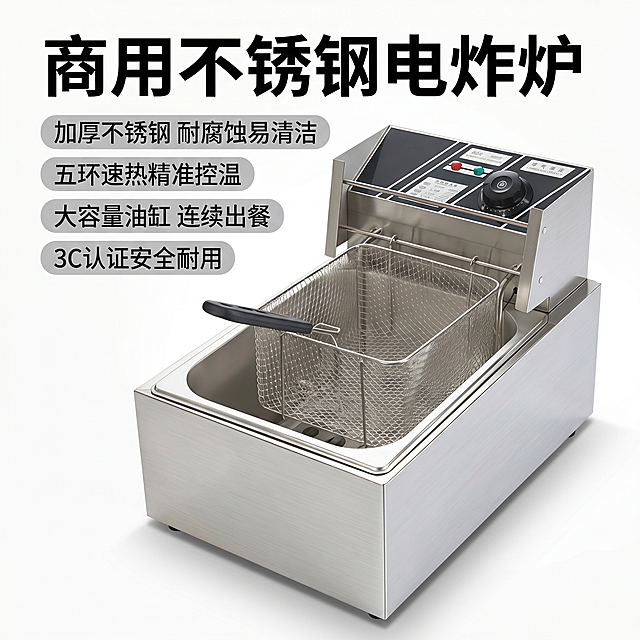 [主图-1] 商用不锈钢电炸炉产品首图。
[氛围风格] 专业商用五金器械硬核质感，简洁稳重。
[画质] 商业摄影质感、光线柔和通透、产品清晰真实、画面干净高级。
[元素] 商用不锈钢电炸炉产品完整居中展示，电炸炉整体为全机身拉丝不锈钢，炸篮配有黑色隔热橡胶手柄，控制面板区域清晰可见旋钮和指示灯。保持产品外观（即物理结构、材质质感、颜色）与输入产品图https://0.jpg绝对一致，杜绝任何变形和色差，精细化处理。商品主体占比严格控制在65%左右，画面满屏无边框。
[光影] 前侧主光勾勒机身金属轮廓，顶部辅光弱化阴影，边缘高光清晰，体现不锈钢金属质感，画面明快通透，没有死黑脏阴影。
[配色] 主色调不锈钢银白，控制面板黑银对比，干净简洁，符合京东平台风格。
[视角构图] 45度斜侧平视视角，景深适中，产品轮廓完整无裁切。
[文字版式] 顶部居中主文案，大字写"商用不锈钢电炸炉"，黑色粗体无衬线，最大字号。下方辅助小字分四个卖点块横向排列：「加厚不锈钢 耐腐蚀易清洁」「五环速热精准控温」「大容量油缸 连续出餐」「3C认证安全耐用」，每个卖点用圆角浅灰色块衬托，深色文字对比清晰，文字不遮挡产品主体。整体文字占比小于30%。
[比例分辨率] 1:1 比例，2k 分辨率，文字清晰可辨，超高清。
[负向提示词] 变形，水印，文字错乱，产品图模糊，背景杂乱，价格乱标，夸大用语，遮挡产品主体。