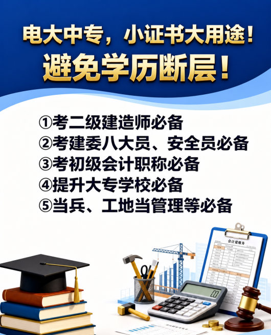 优化这张电大中专宣传海报，提升整体画质，让文字更清晰锐利，配色更专业协调，保留所有原文字内容和排版布局，优化底部装饰元素使其更美观预览效果
